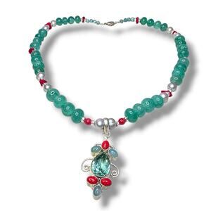 Emerald Stone Pearl Chalcedony Necklace Sterling‎ Silver 925 Stamped Beaded New